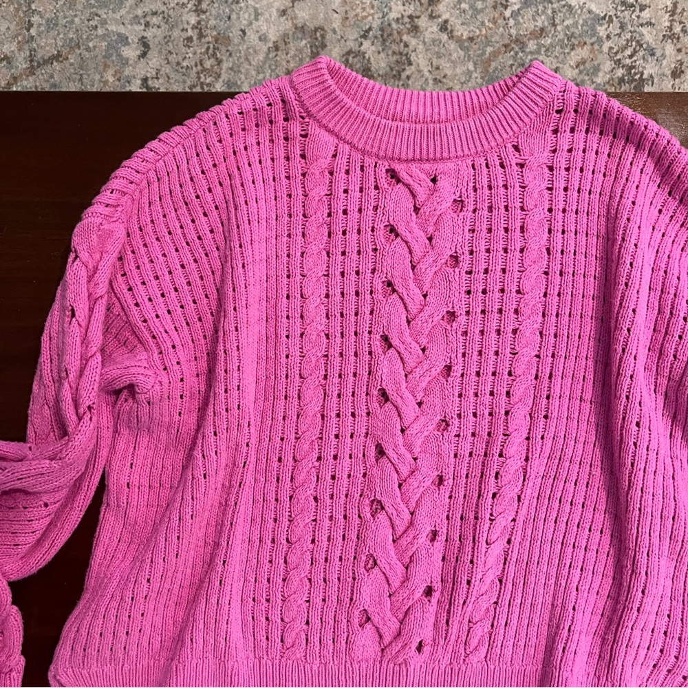 Bubblegum Pink Crew Neck Cable Knit Sweater